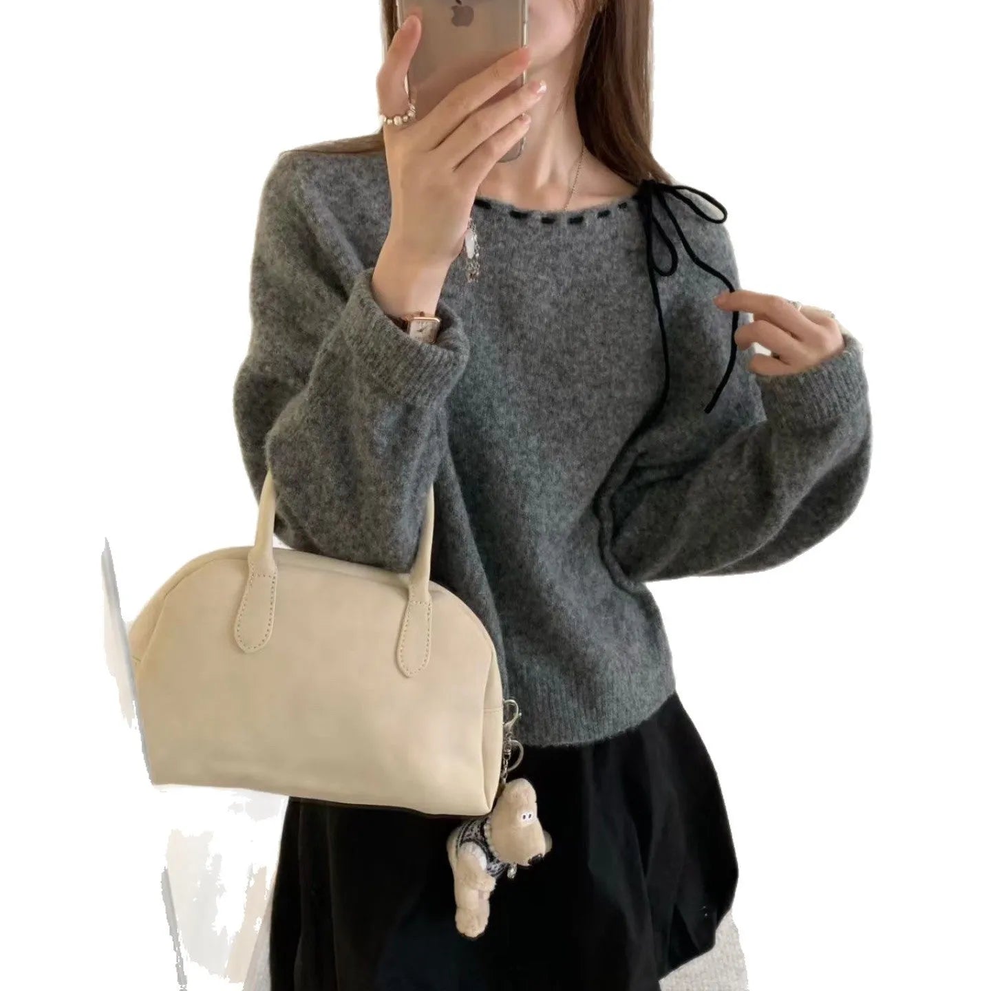 Women's grey loose-fitting knitwear pullover made from regenerated cellulose fibre