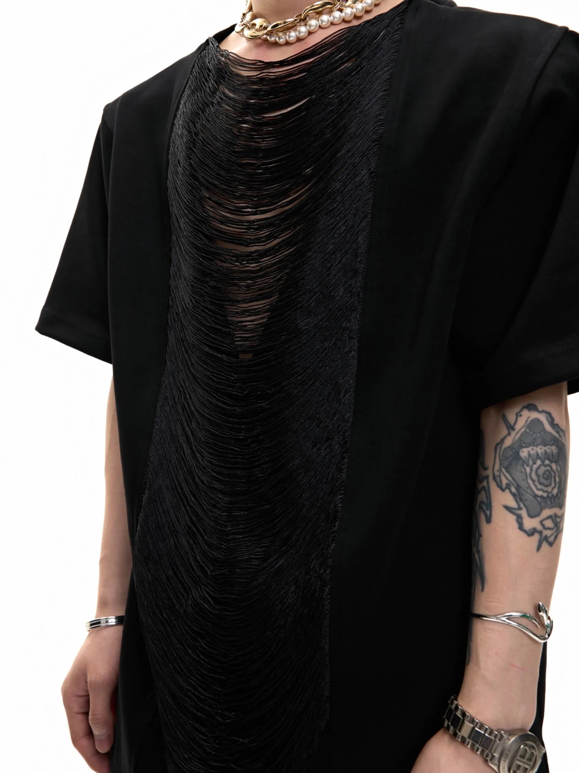 Men's black hollow out V-neck T-shirt with short sleeves and tassel detailing