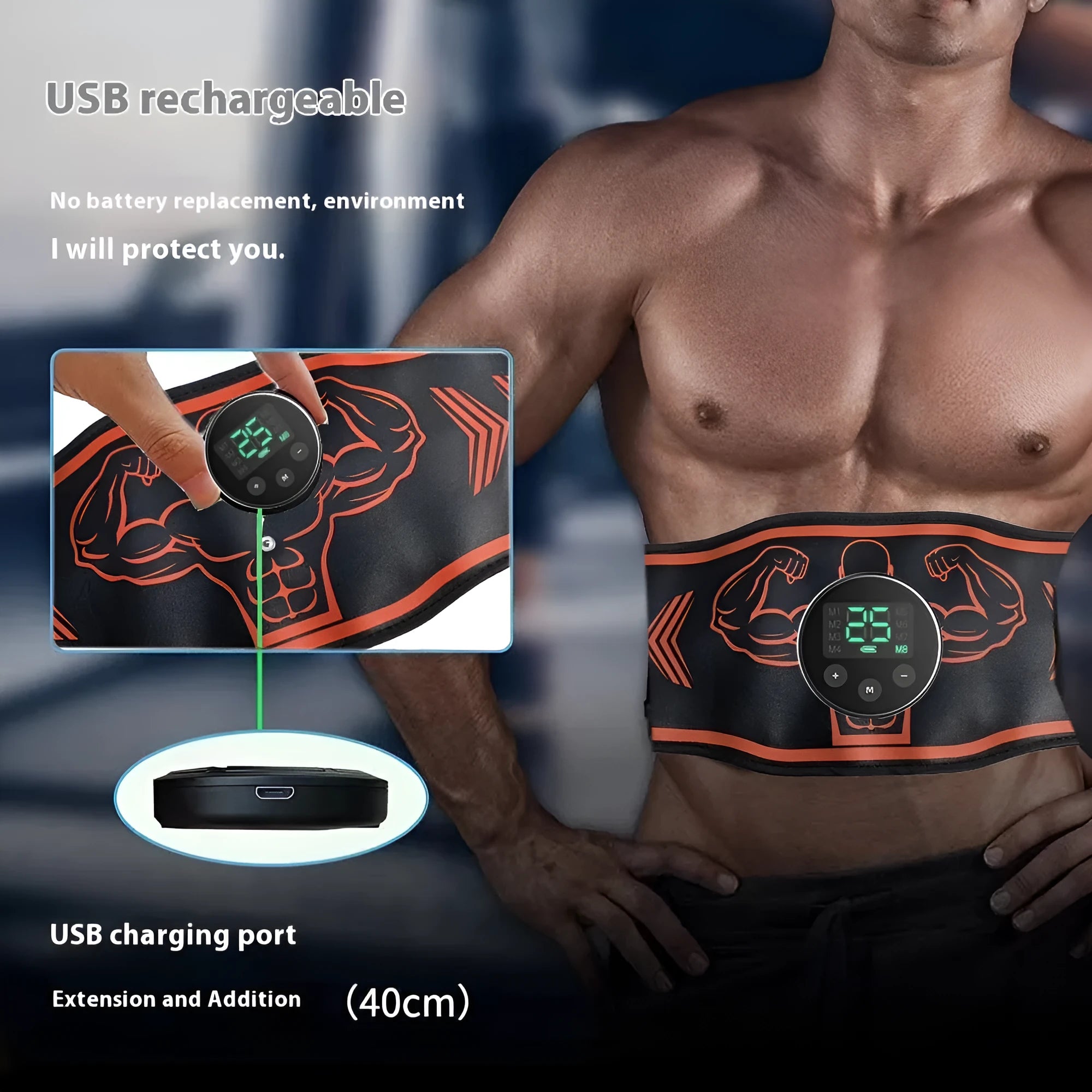 Blue and orange EMS smart massage belts with arm electrode patches and rechargeable host units