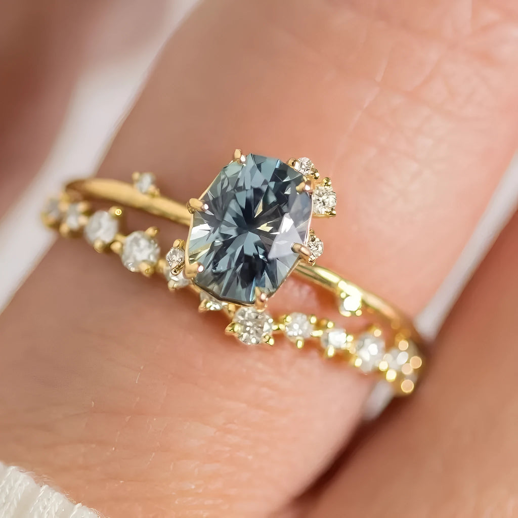 Gold plated women's flower ring with a green zircon stone, shown in sizes 6 to 10.