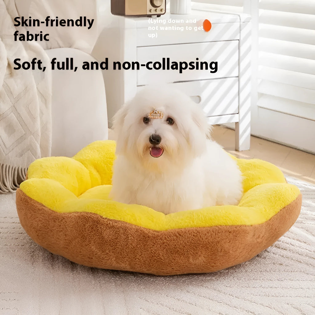 Detachable rabbit plush round cat bed in grey black colour showing thick cushioning and nest shape