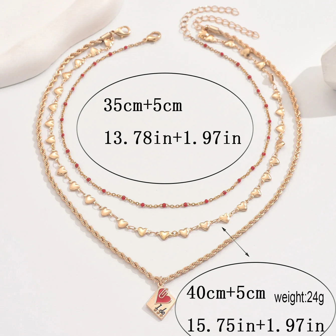 Three-layer geometric heart design clavicle chain necklace with adjustable length