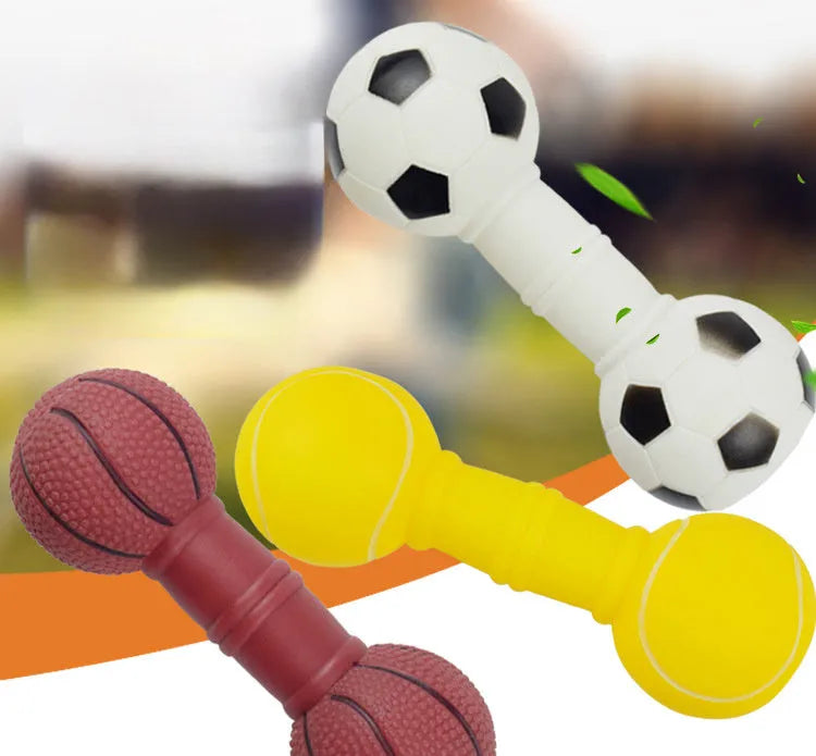 PVC football dumbbell shaped squeaky dog toy in four colour options