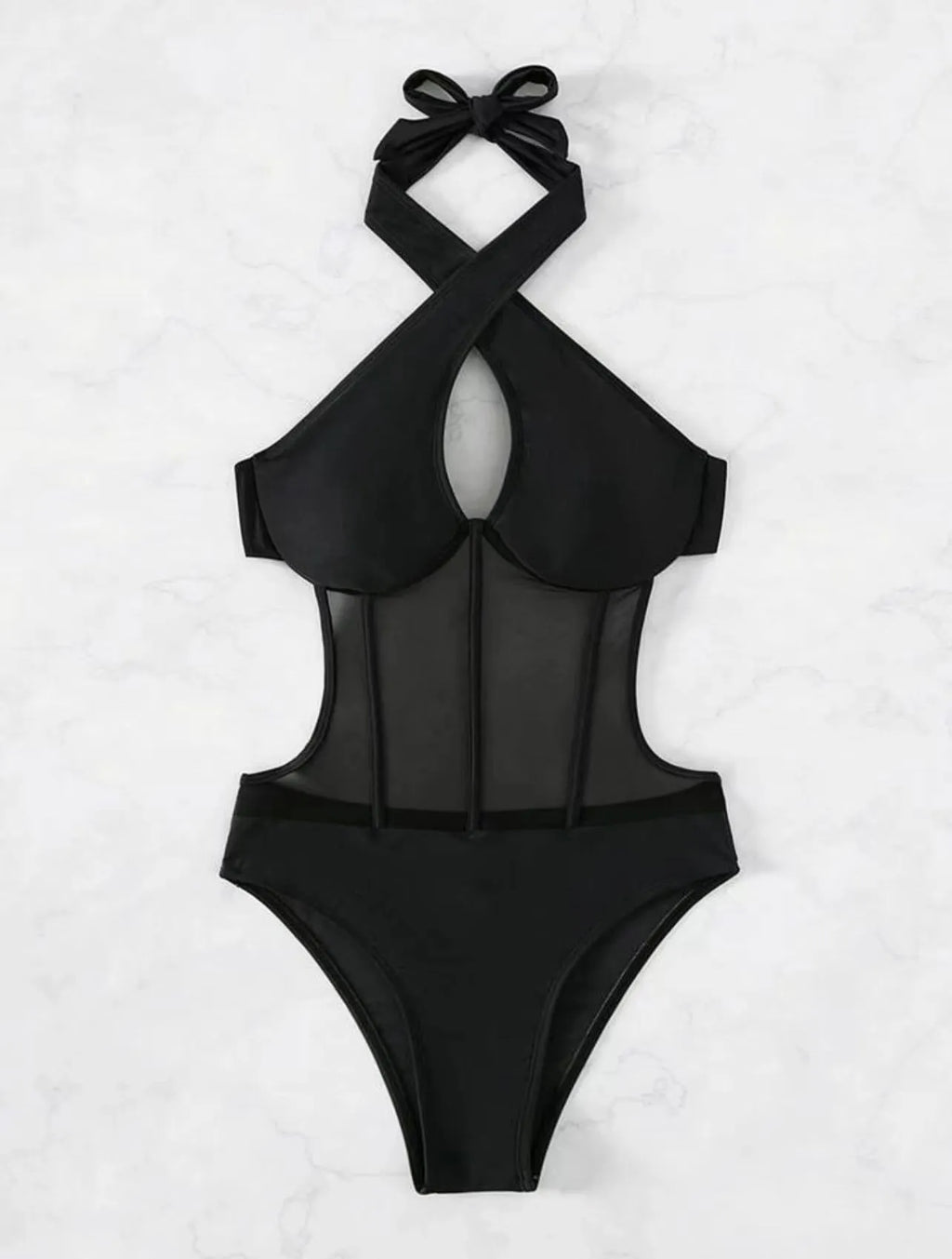 Women's black one-piece swimsuit made from nylon and spandex fabric on size mannequin