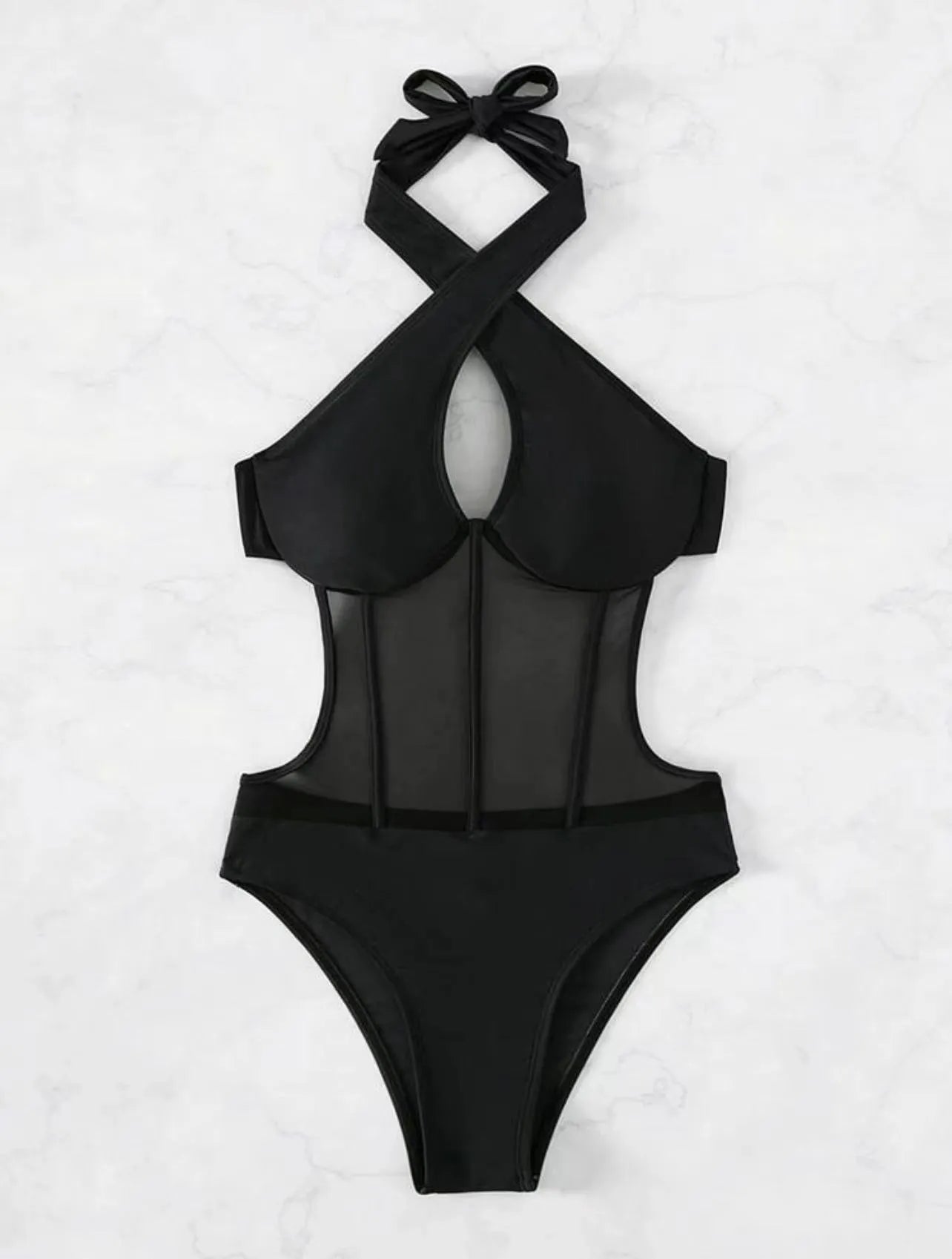Women's black one-piece swimsuit made from nylon and spandex fabric on size mannequin
