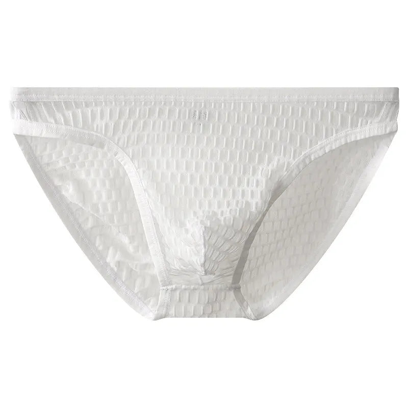 Men's low waist nylon lace underwear in light purple colour showing transparent visual design