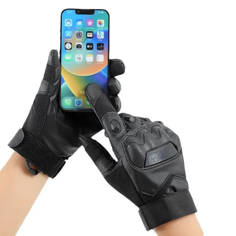 Men's black tactical training gloves with touch screen fingertips shown on hands