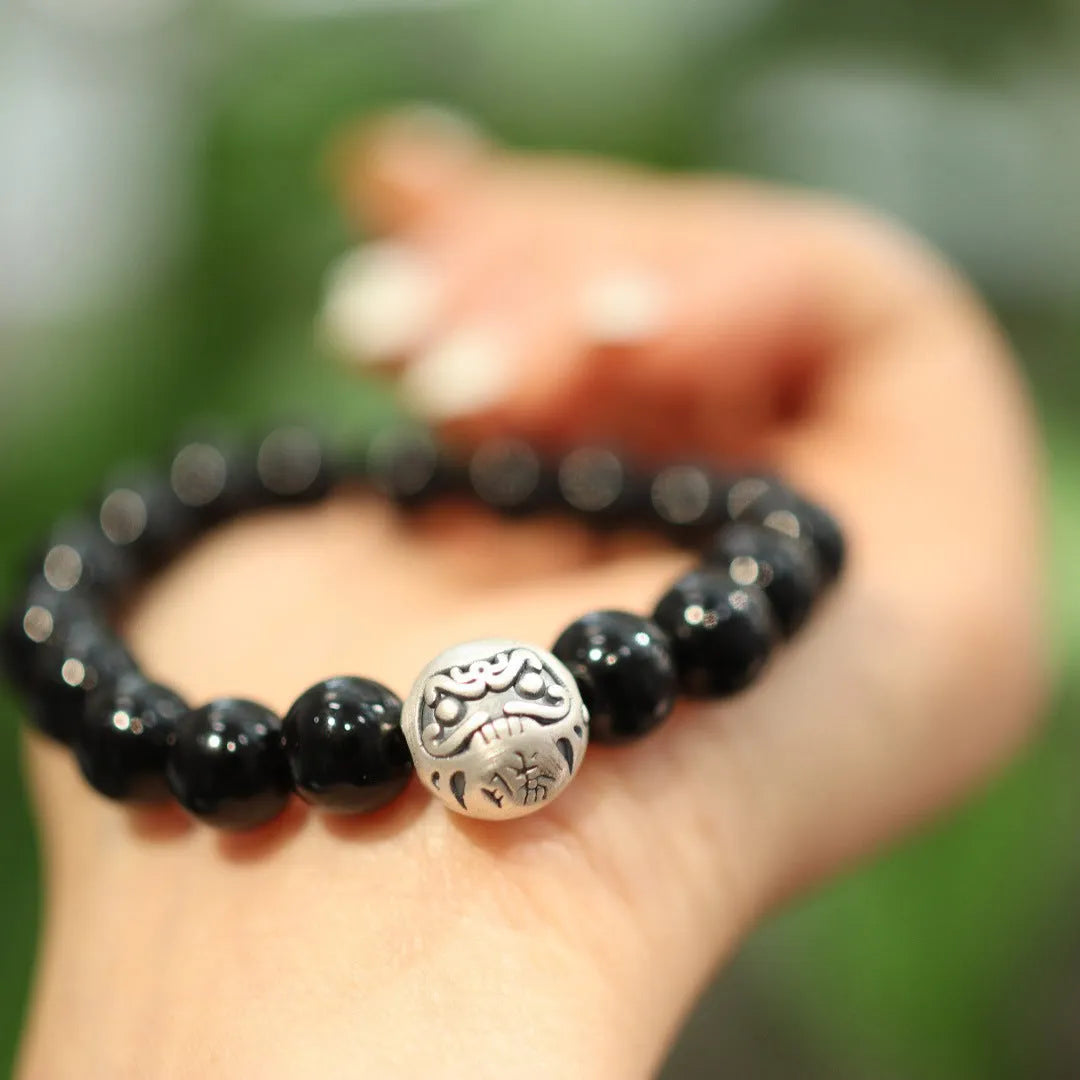 Chinese style black agate bracelet with 10mm beads and sterling silver components