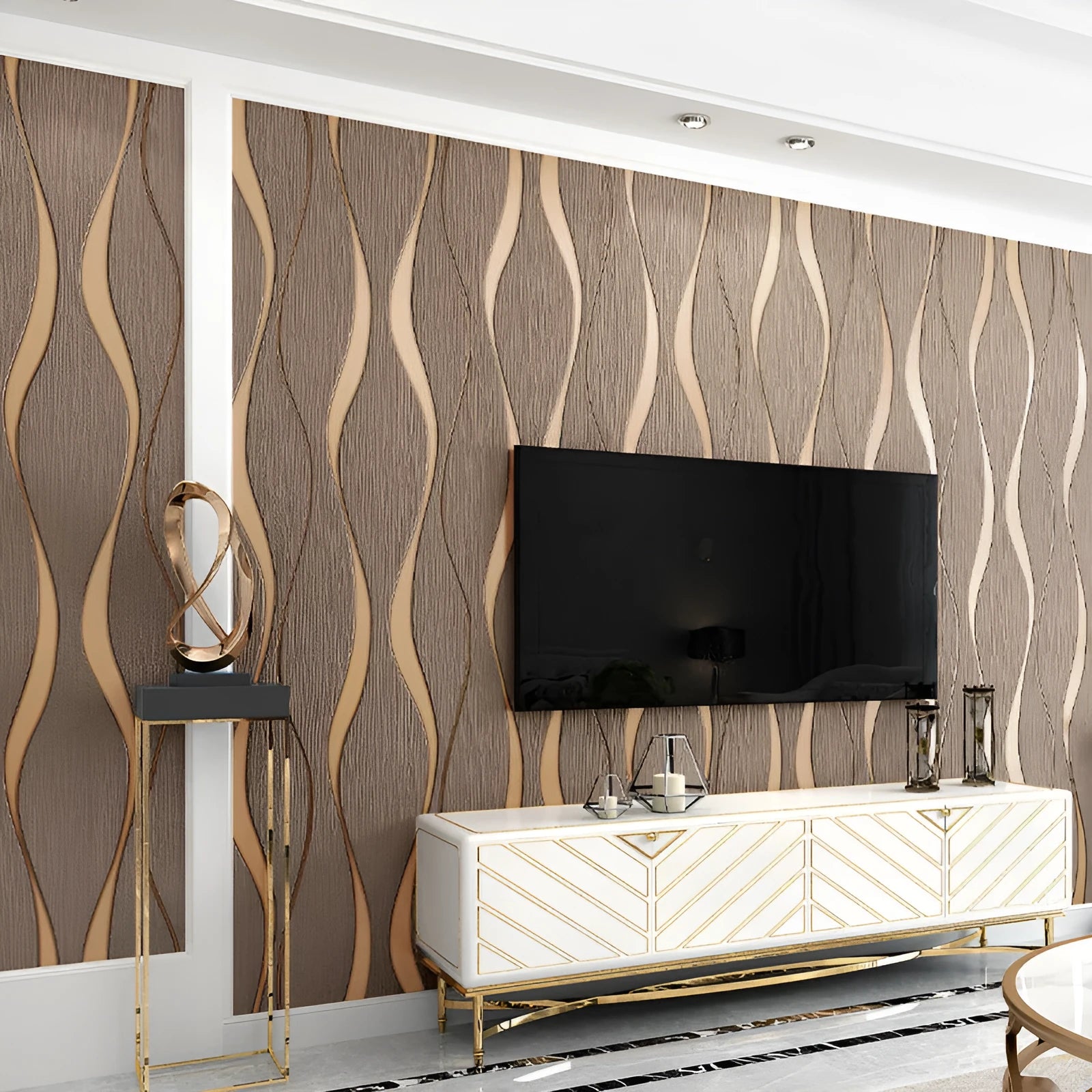 Curve stripe 3D decorative wallpaper roll in dark brown deerskin velvet texture