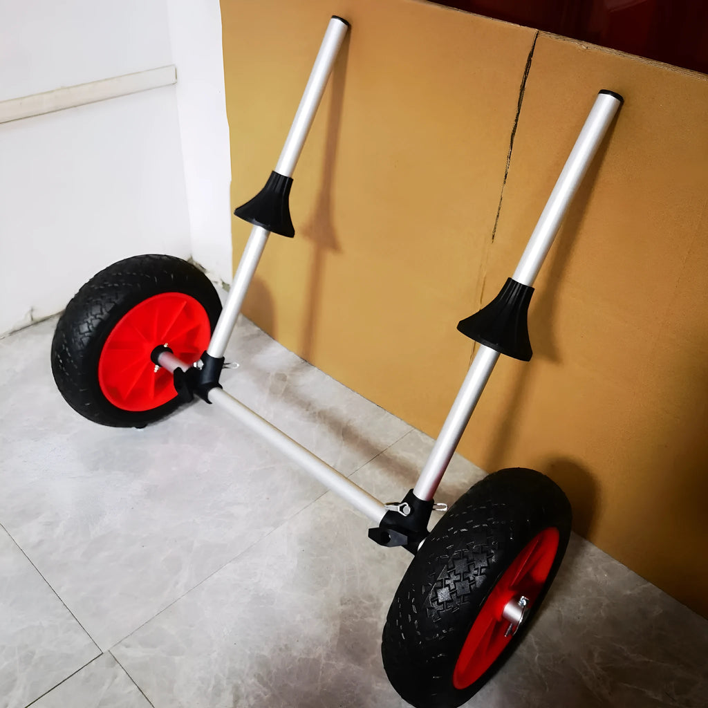 Foldable aluminium kayak cart with upright pole platform and wheels for beach transport