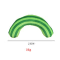 Green, rainbow, and yellow cat toy set with noise maker, catnip strip, and striped plush pillow.