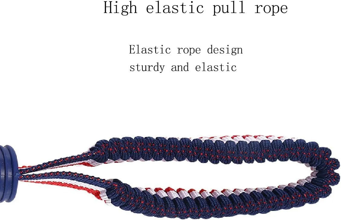 Blue and red dog toy with a rubber ball on a rope for tug-of-war and teeth cleaning.