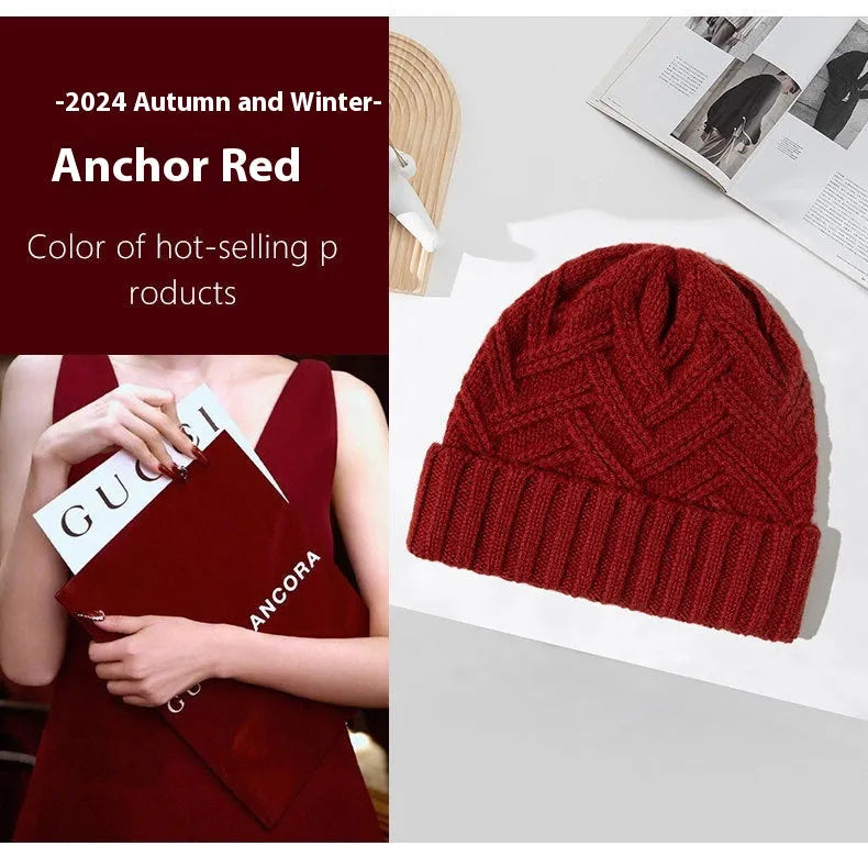 Women's wool knitted winter hat with dome crown in totem pattern, shown in ankela red colour