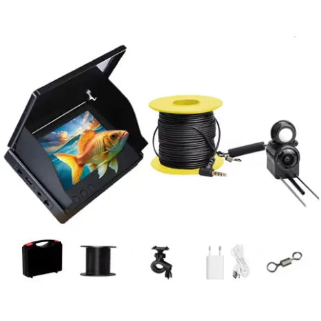 Fish finder underwater camera system with 4.3-inch display screen, camera unit, and cable on a blue background.