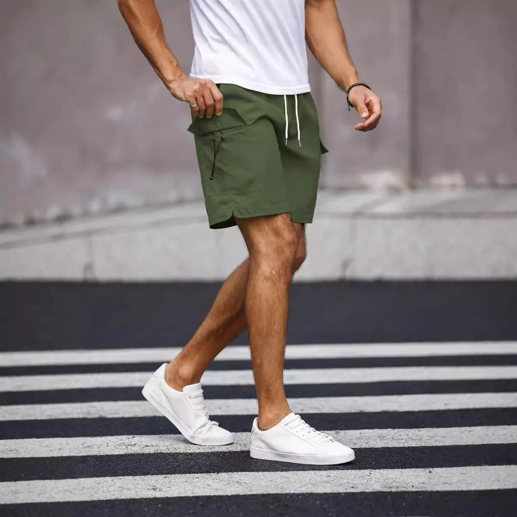 Men's loose fit workwear shorts in straight cut with micro-elastic waist in fluorescent green or army green colours