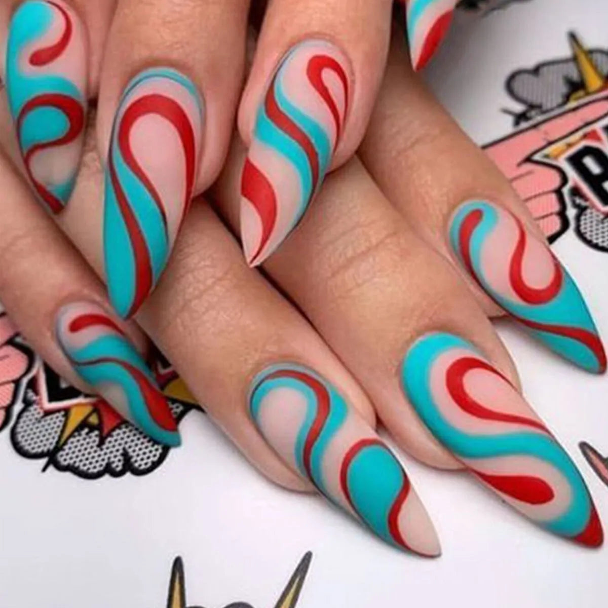 Almond-shaped rainbow nail stickers with colourful lines plaid pattern in four colour variations