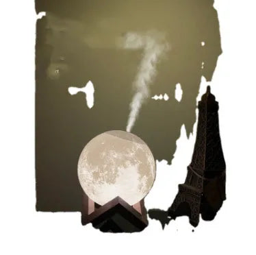 Spherical lunar humidifier night light with white LED lighting and USB charging cable