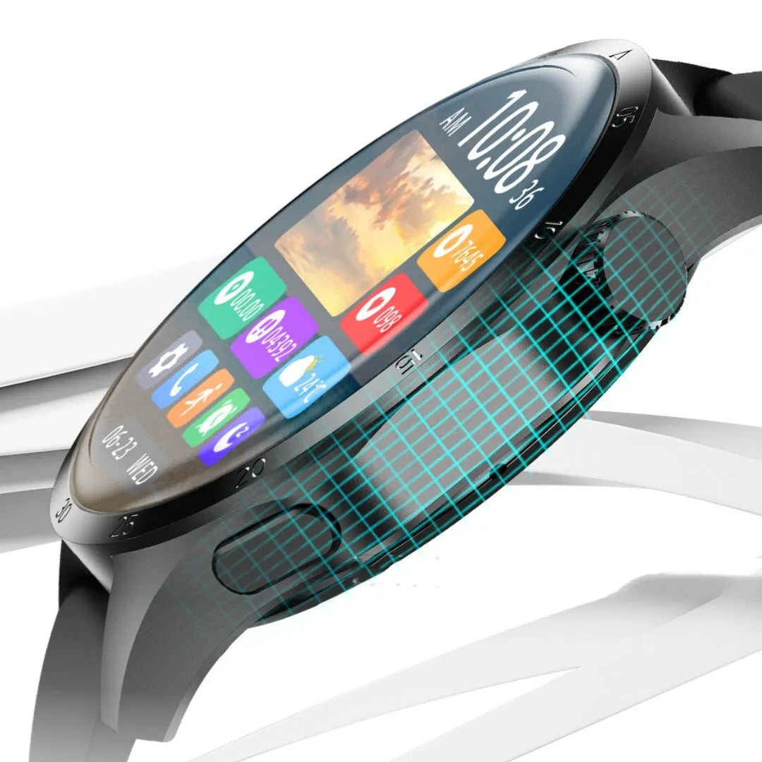 Black smartwatch with Bluetooth calling on wrist, showing health metrics on TFT screen