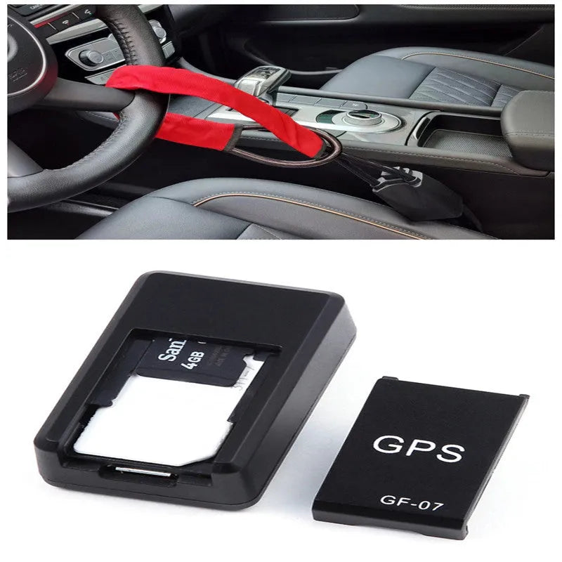 Black plastic mini magnetic GPS car tracker measuring 35×20×14mm with USB charging cable