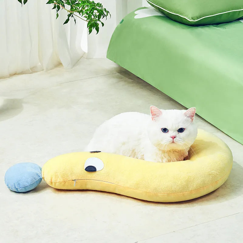 Blue rectangular cat and dog pillow cushion on a floor, dimensions 62 cm by 39 cm.