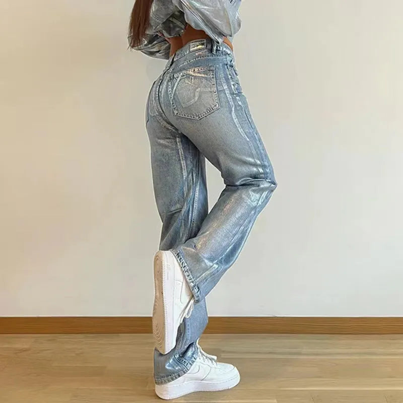Women's washed blue high waist straight leg jeans with contrast detailing and street hipster style