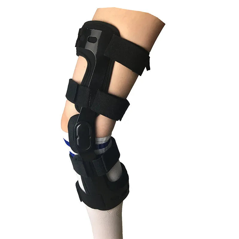 Black anterior ligament knee pad with metal hinge brace, showing left and right leg sizes.