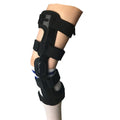 Black anterior ligament knee pad with metal hinge brace, showing left and right leg sizes.