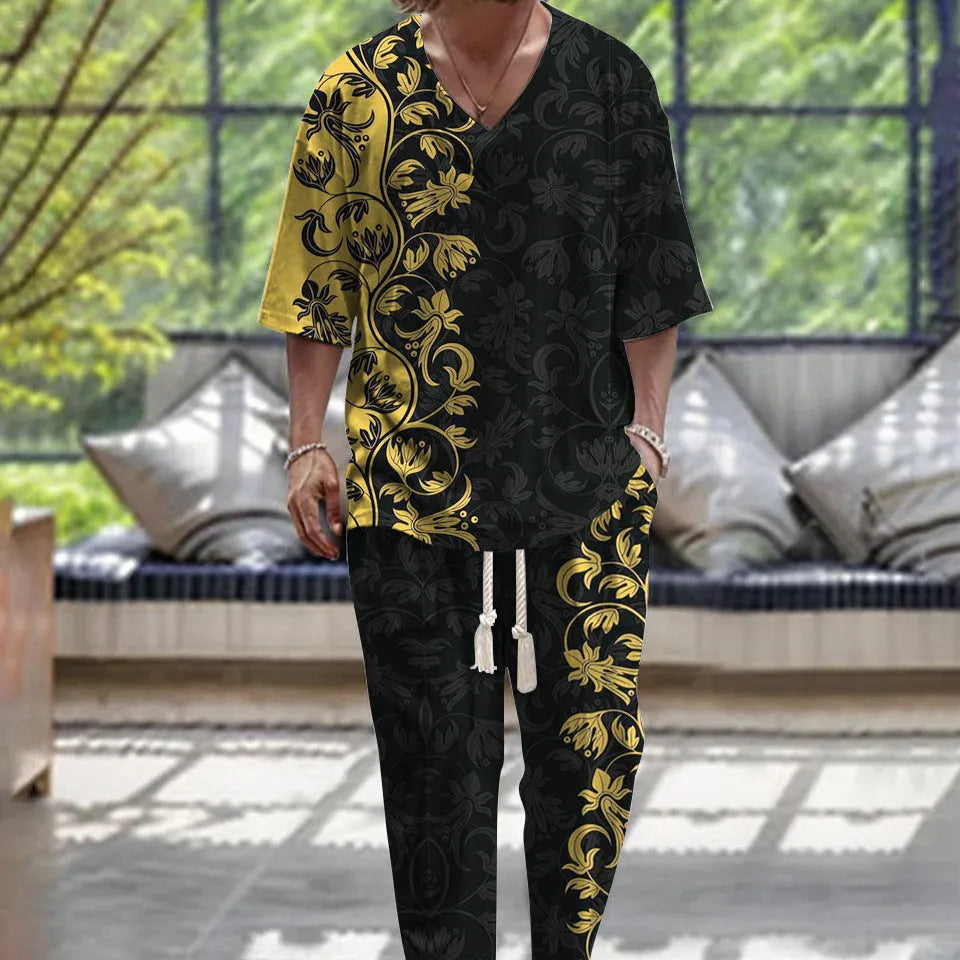 Lightweight polyester V-neck suit set with cropped sleeves and matching trousers on a hanger.