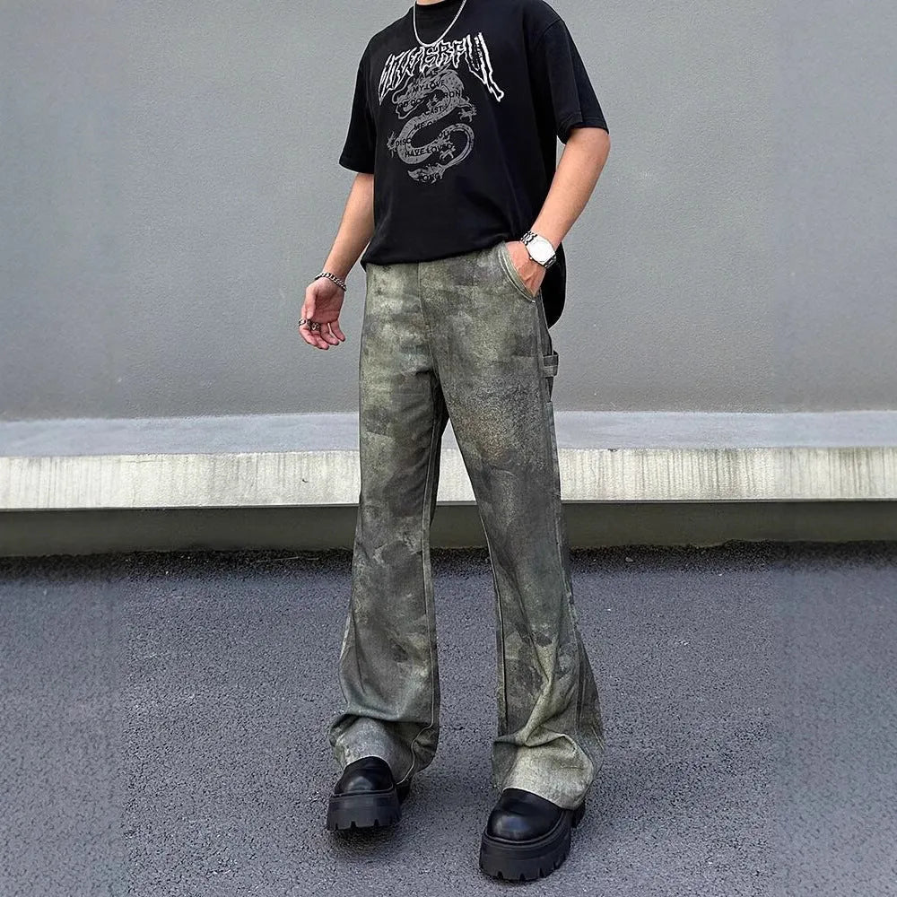 Men's straight-cut denim jeans with digital camouflage pattern in picture colour with mid-waist design