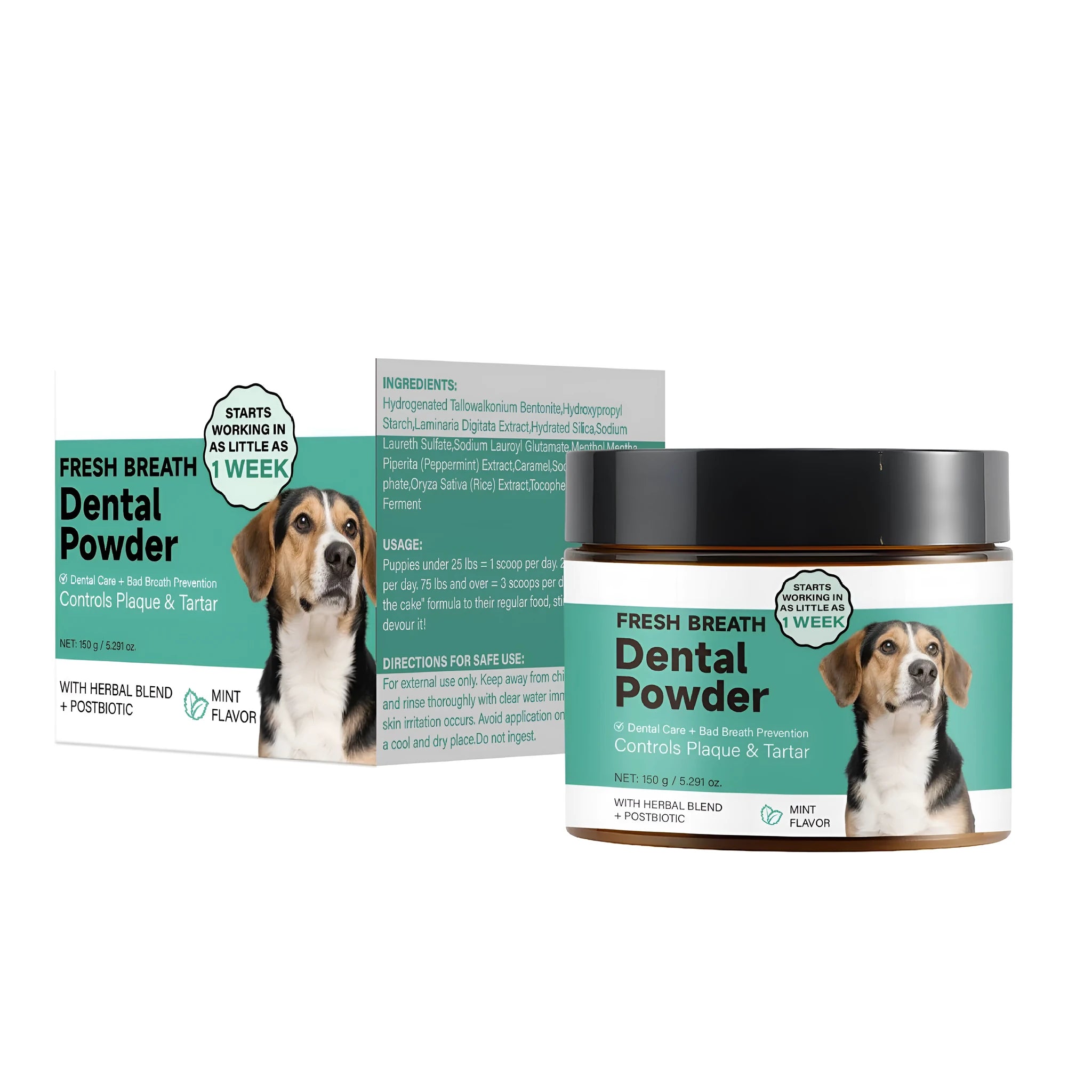 150g container of dog breath tooth cleaning powder for dental care.