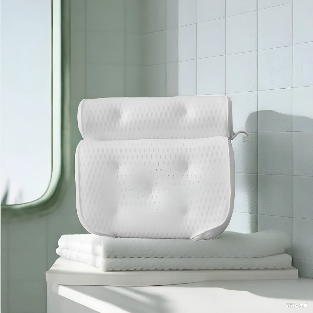 White bathtub pillow with 4D mesh fabric and 7 suction cups on a 3D material base.