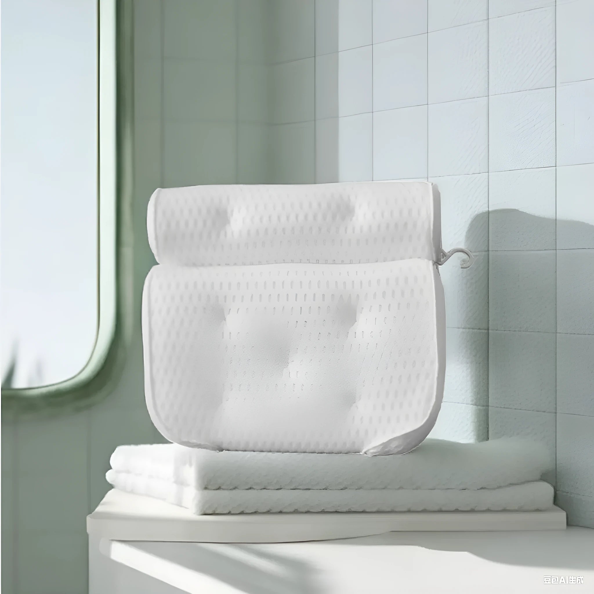 White bathtub pillow with 4D mesh fabric and 7 suction cups on a 3D material base.
