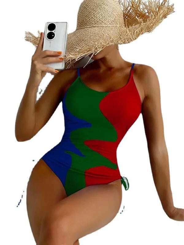 Blue sleeveless one-piece swimsuit with a backless, tight-fitting design on a mannequin.