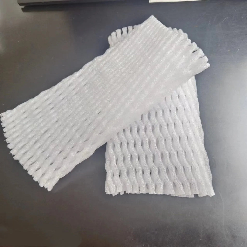 White foam protective net case for fruits showing mesh texture and size options