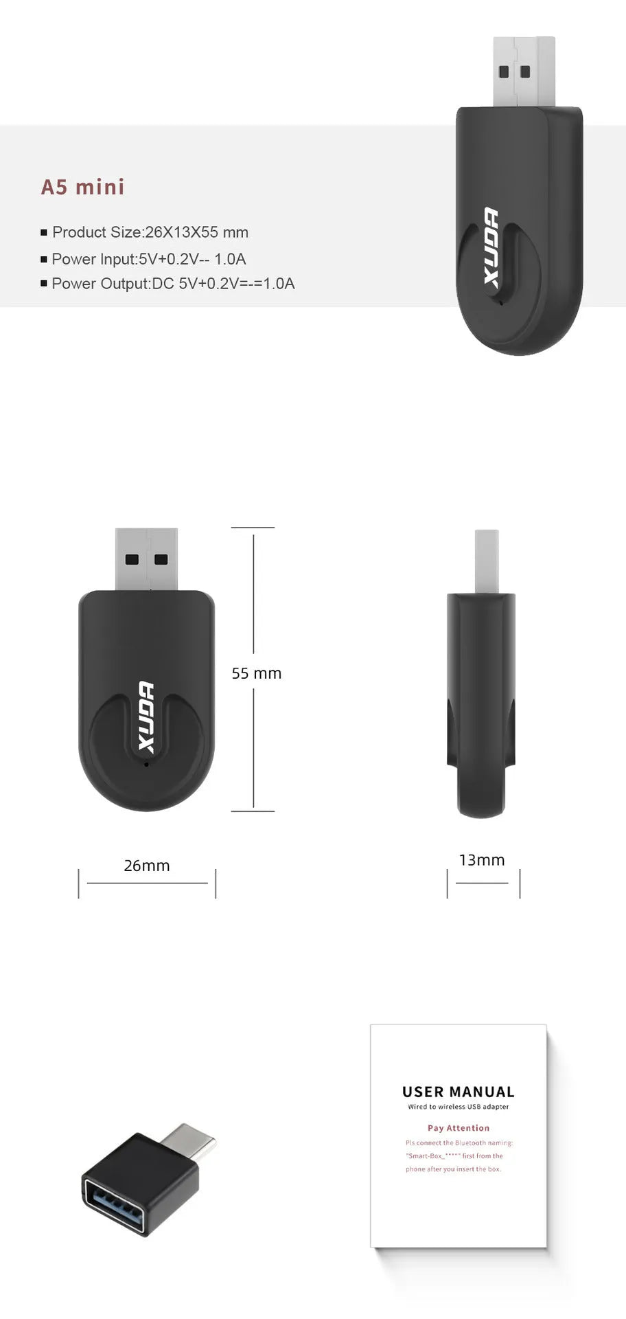 Black Mini 2-in-1 CarPlay Wireless USB Interface Adapter for vehicle connectivity