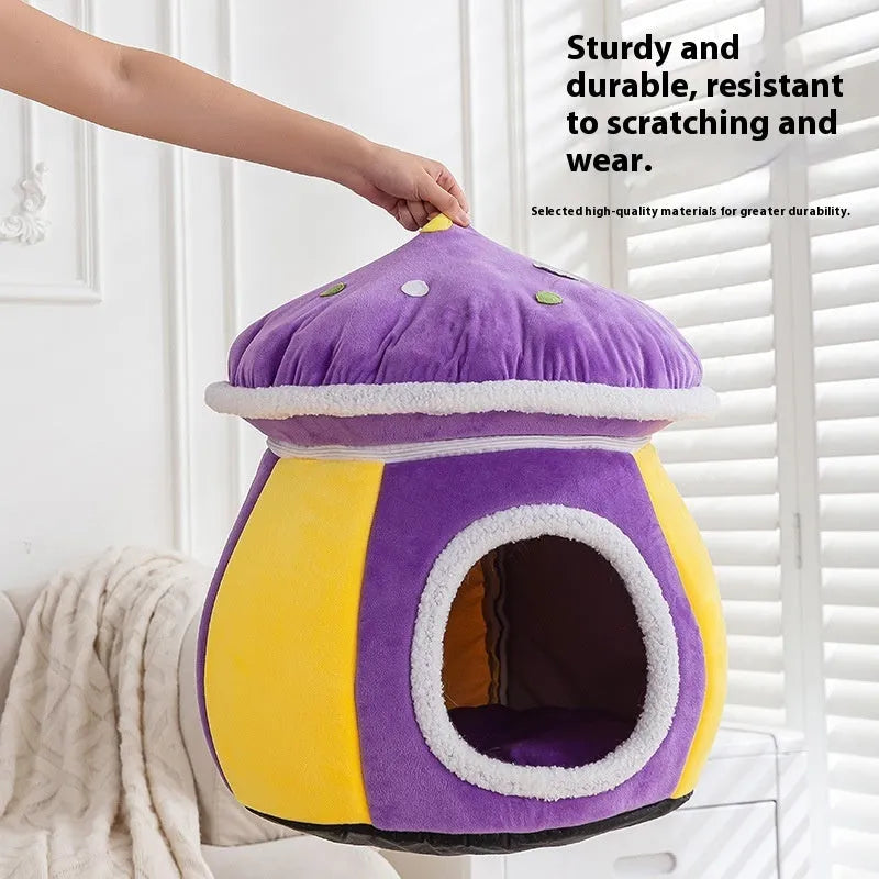 Grey mushroom-shaped plush cat bed for winter, shown with detachable parts and labelled S, L, XL size options.