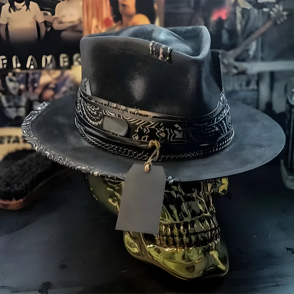Handmade wool felt skull hat with conical crown in skull hat colour