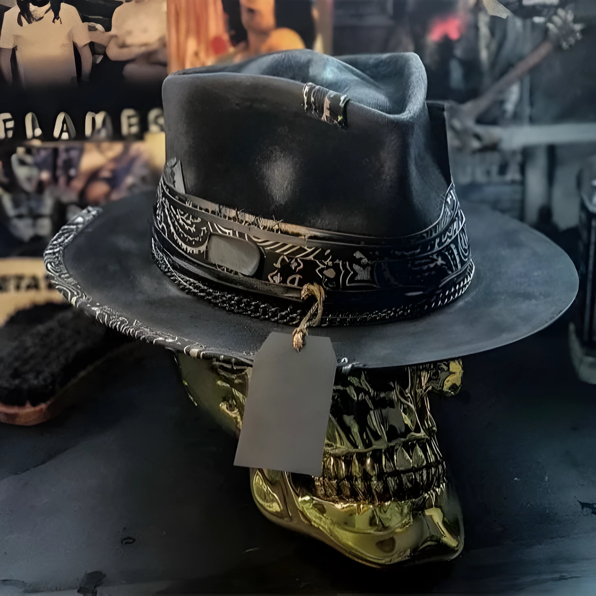 Handmade wool felt skull hat with conical crown in skull hat colour