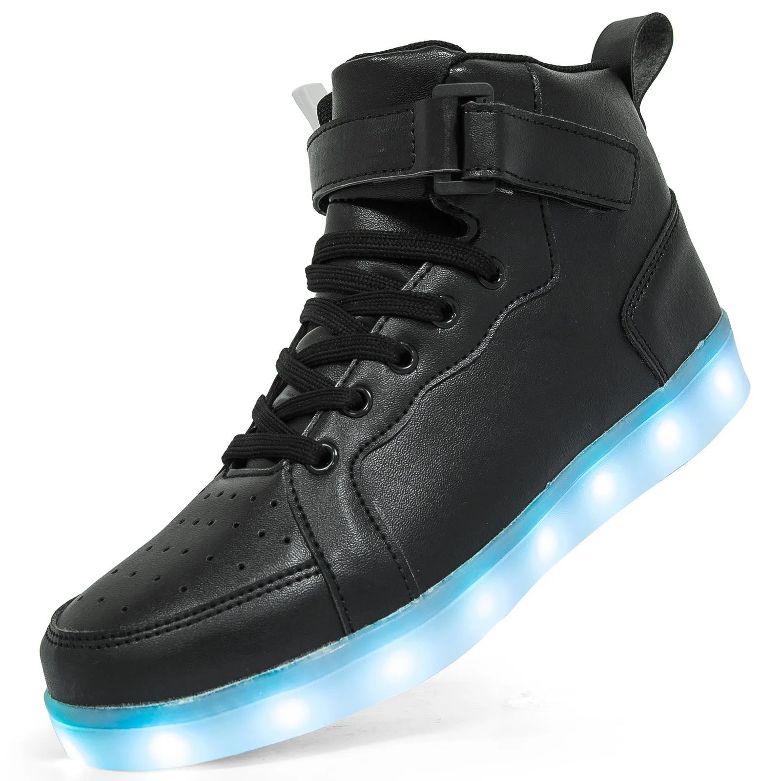 Rechargeable LED light-up high-top trainers in black with Velcro strap, glowing.