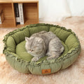 Grey and green reversible donut-shaped cat bed for indoor cats and small dogs