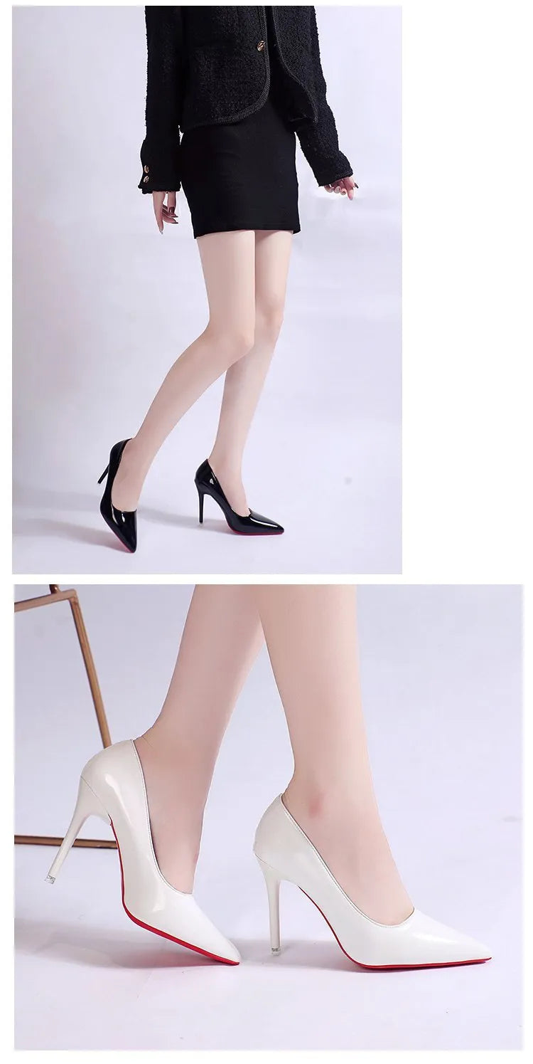 Women's solid colour stiletto heel pumps with pointed toe and shallow mouth design.
