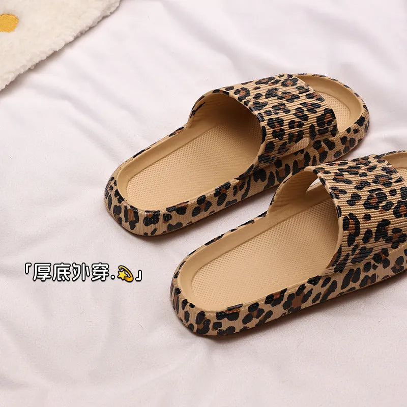 Women's leopard print slippers with thick EVA sole in multiple colour options.