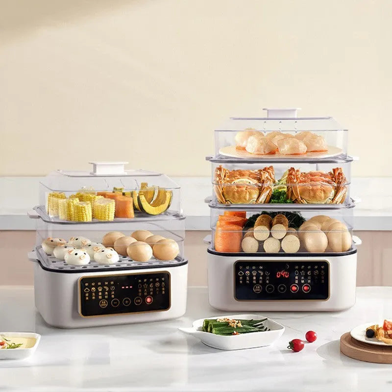 28-litre electric steamer with stainless steel rack showing control panel and compact kitchen design