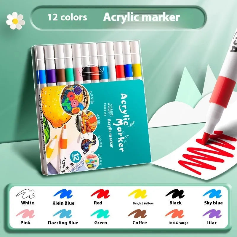 Acrylic marker pen set with multicoloured plastic bodies for student colour painting projects