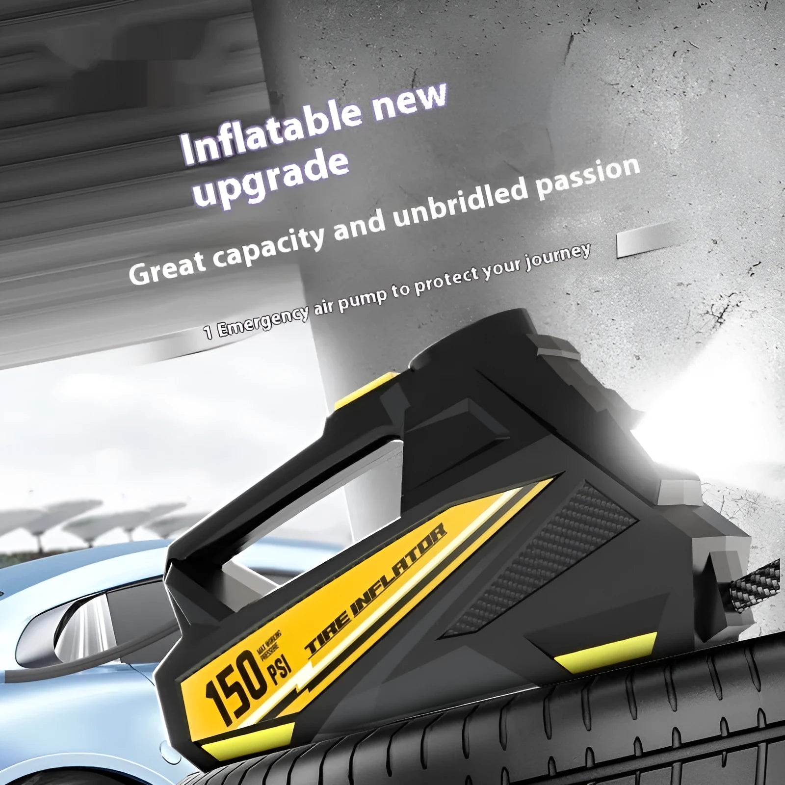 Black portable tyre inflator with digital display and LED light for vehicle use