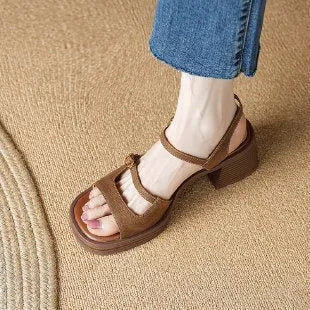 Women's open toe square toe platform sandals in brown with rubber sole and PU leather upper