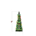 A European-style resin Christmas tree ornament with lights, shown in colour light and warm light variants.