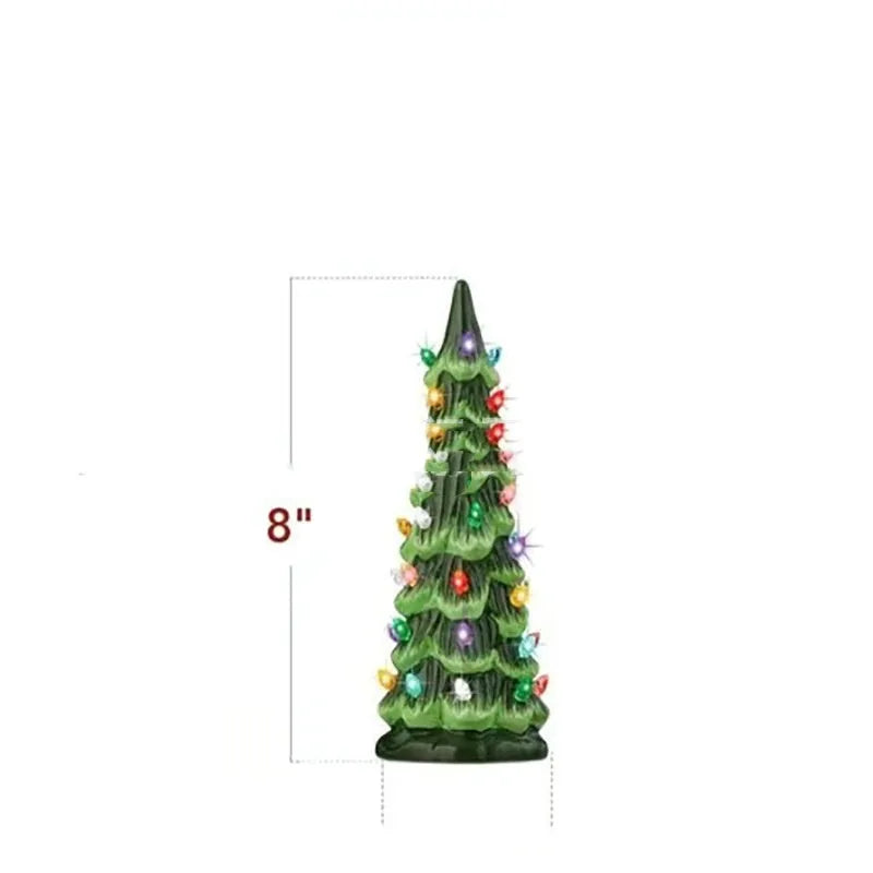 A European-style resin Christmas tree ornament with lights, shown in colour light and warm light variants.