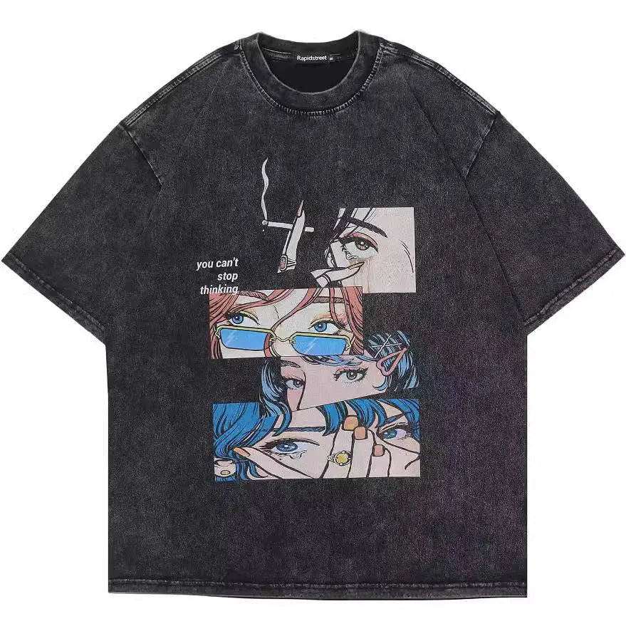 Men's loose fit cotton T-shirt with retro cartoon print and short sleeves