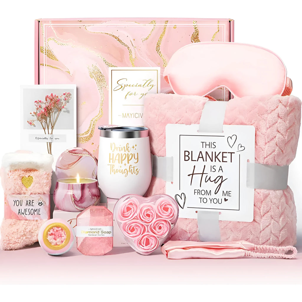 Aromatherapy gift set with candle, soap, and bath bomb in a modern simple-style plastic box.